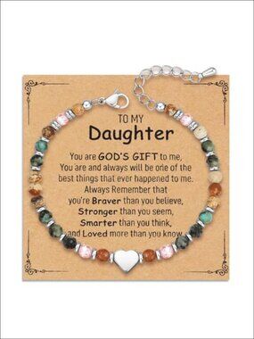 Natural Stone Beaded Stretch Bracelet Heart Spacer Adjustable Daughter Gift